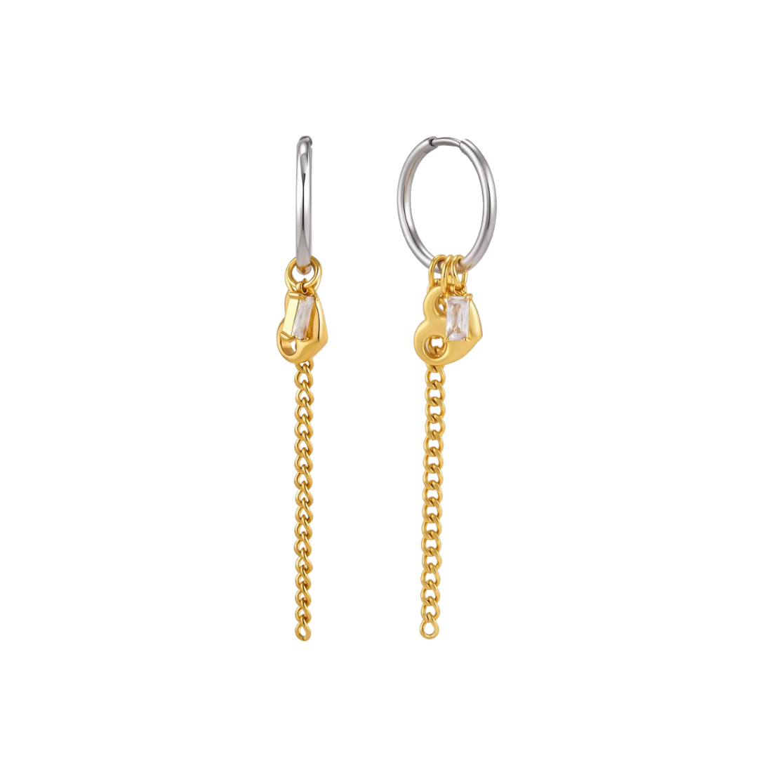 Two Tone Heart Charm Long Earrings