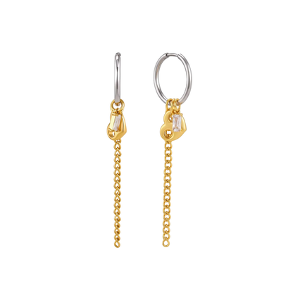 Two Tone Heart Charm Long Earrings