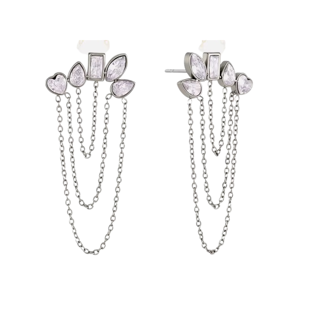 Silver Zirconia Shapes Chain Stud Earrings
