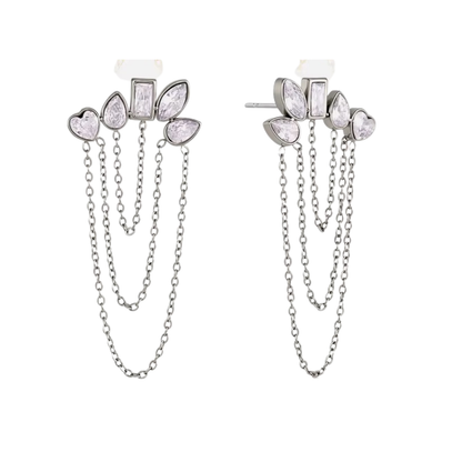 Silver Zirconia Shapes Chain Stud Earrings
