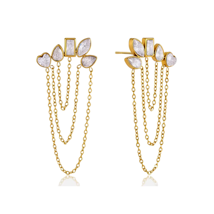 Gold Zirconia Shapes Chain Stud Earrings
