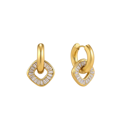 Gold Zirconias Square Pendant Small Hoop Earrings