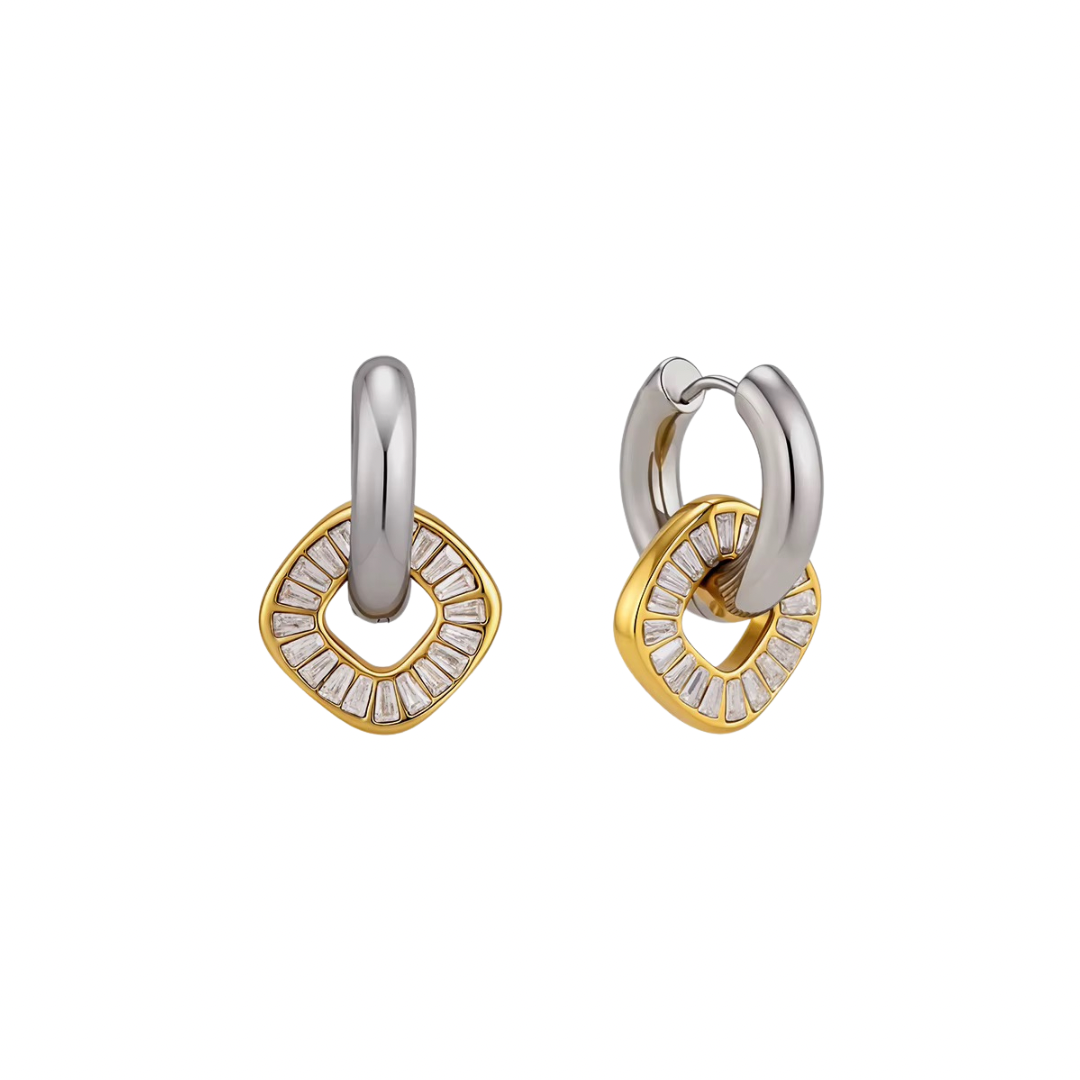 Two Tone Zirconias Square Pendant Small Hoop Earrings