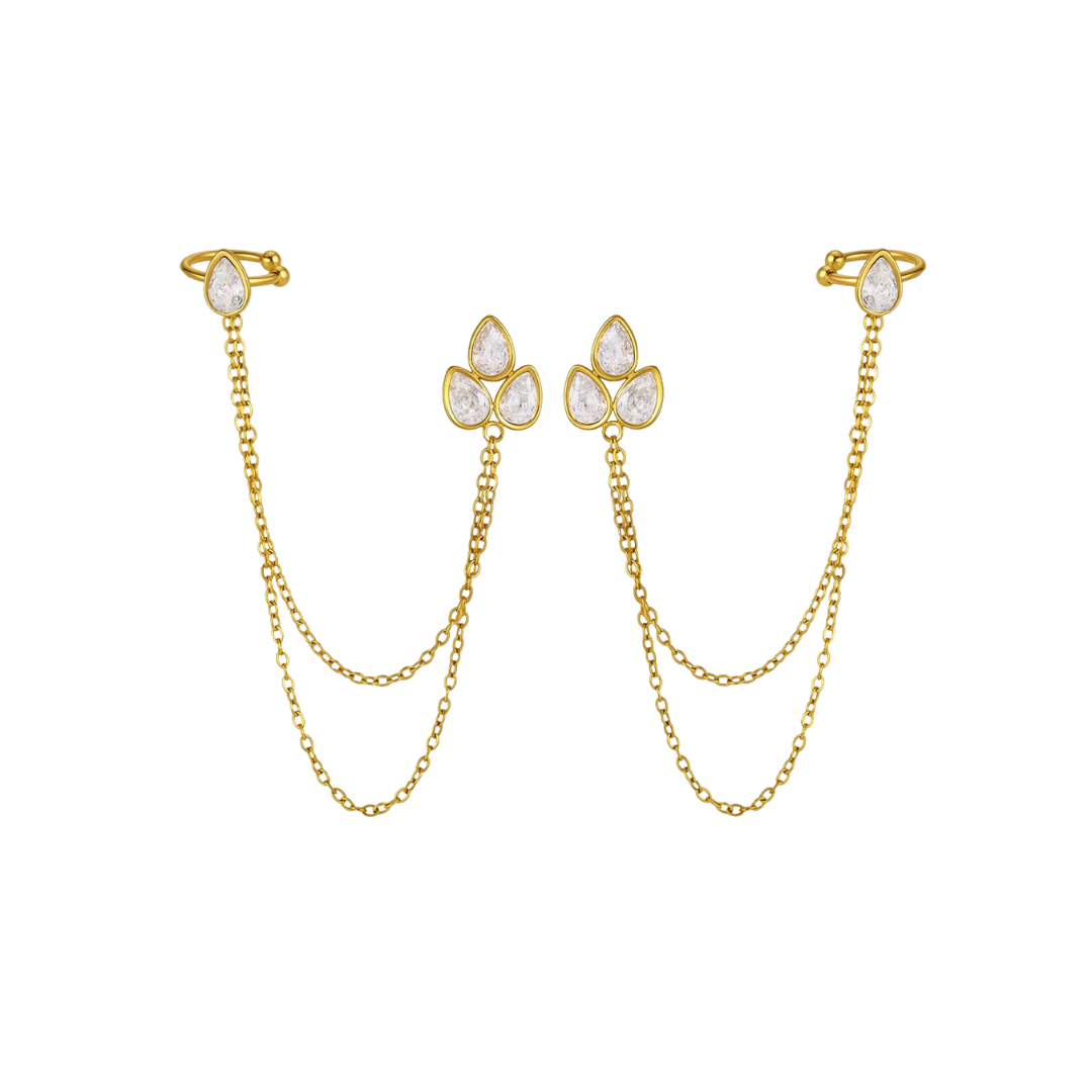 Drop Zirconias Stud Chain Earcuff Earrings