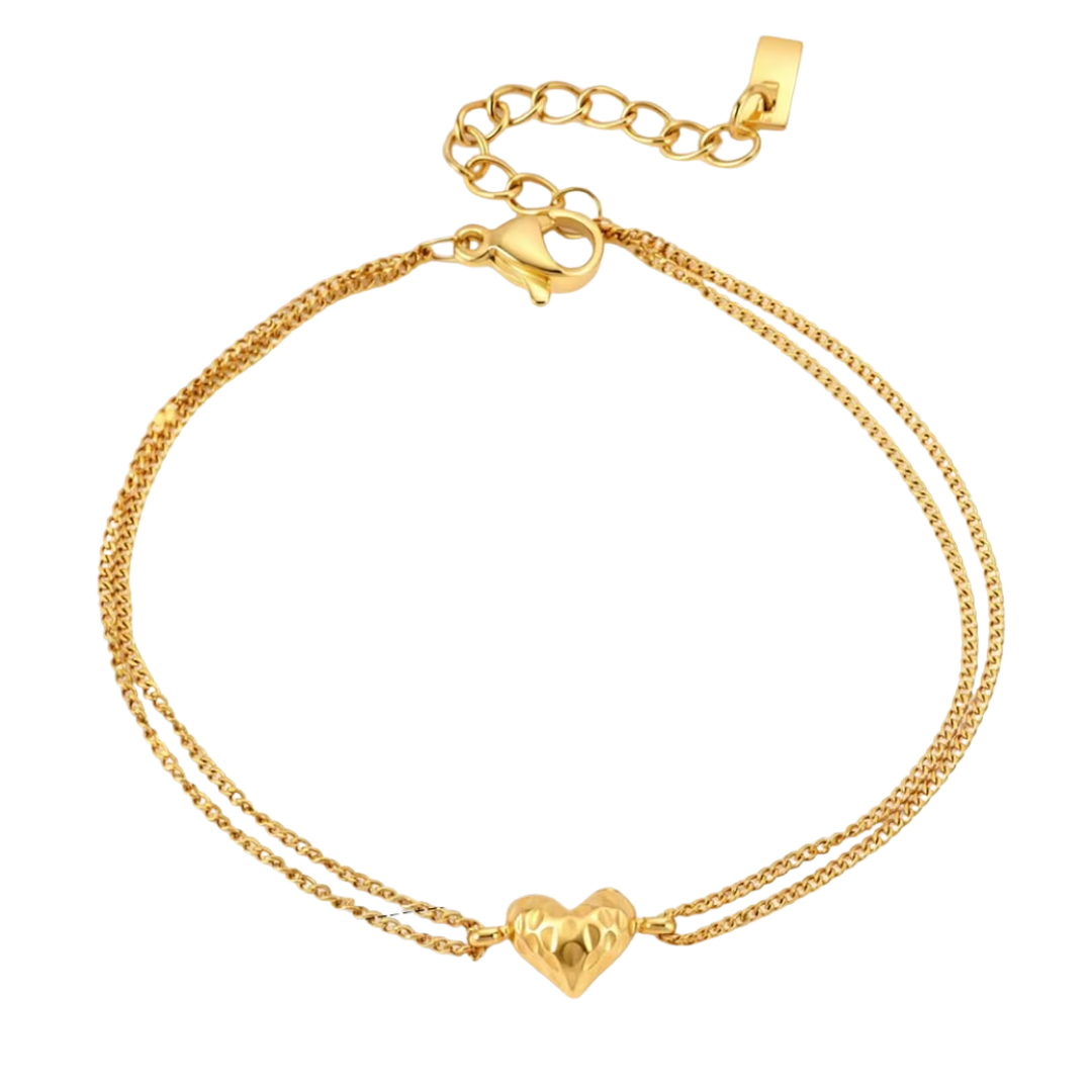 Hammered Mini Heart Double Chain Bracelet