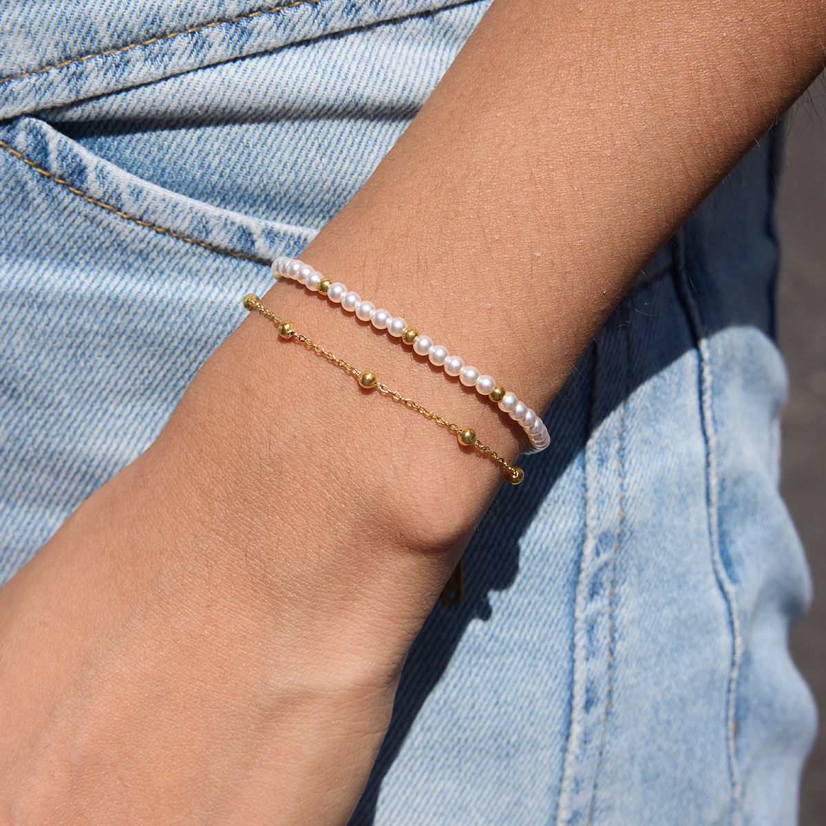 Pearls Double Chain Gold Bracelet
