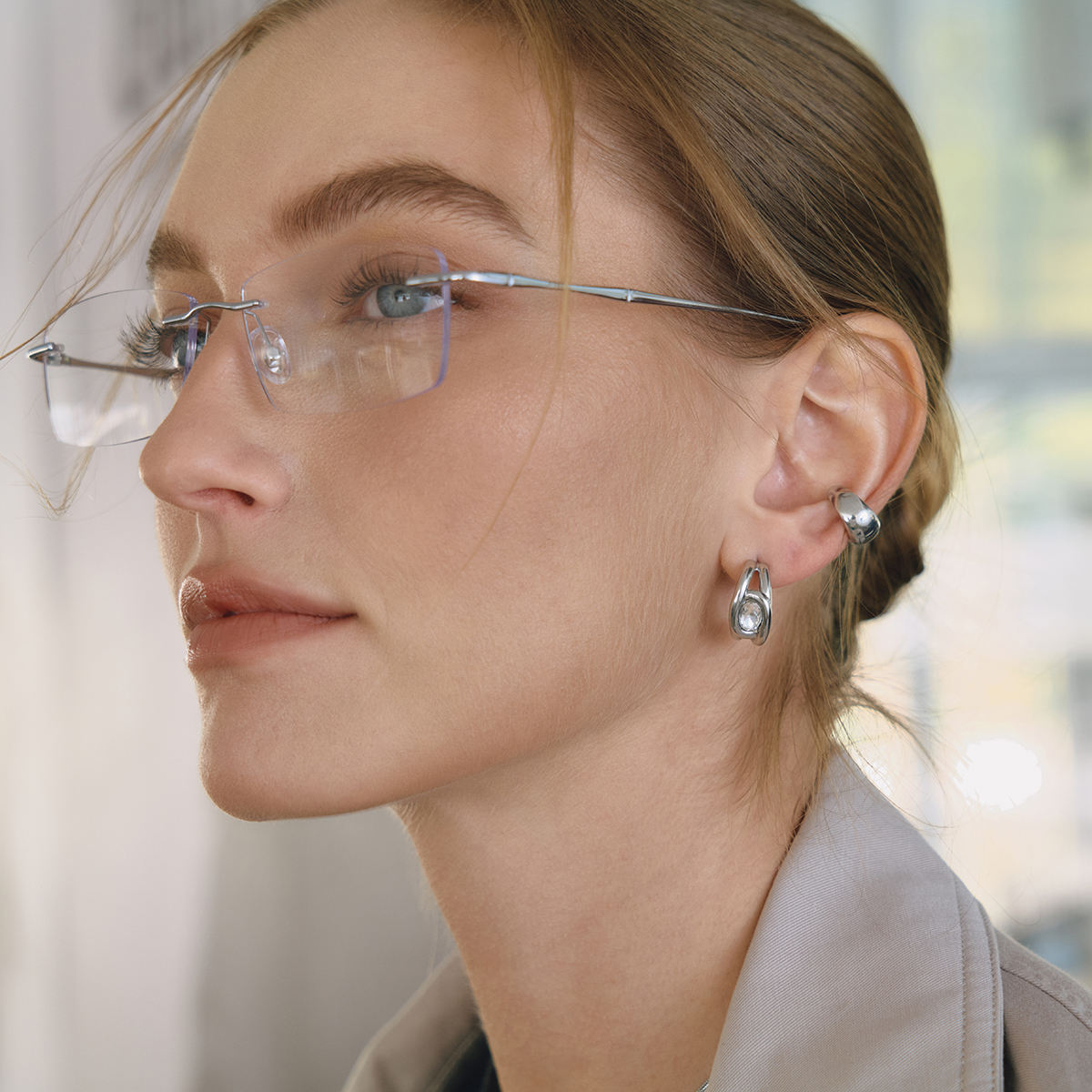 Silver Oval Zirconia Hoop Stud Earrings